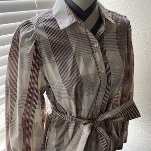 Brown and white plaid button up dress
